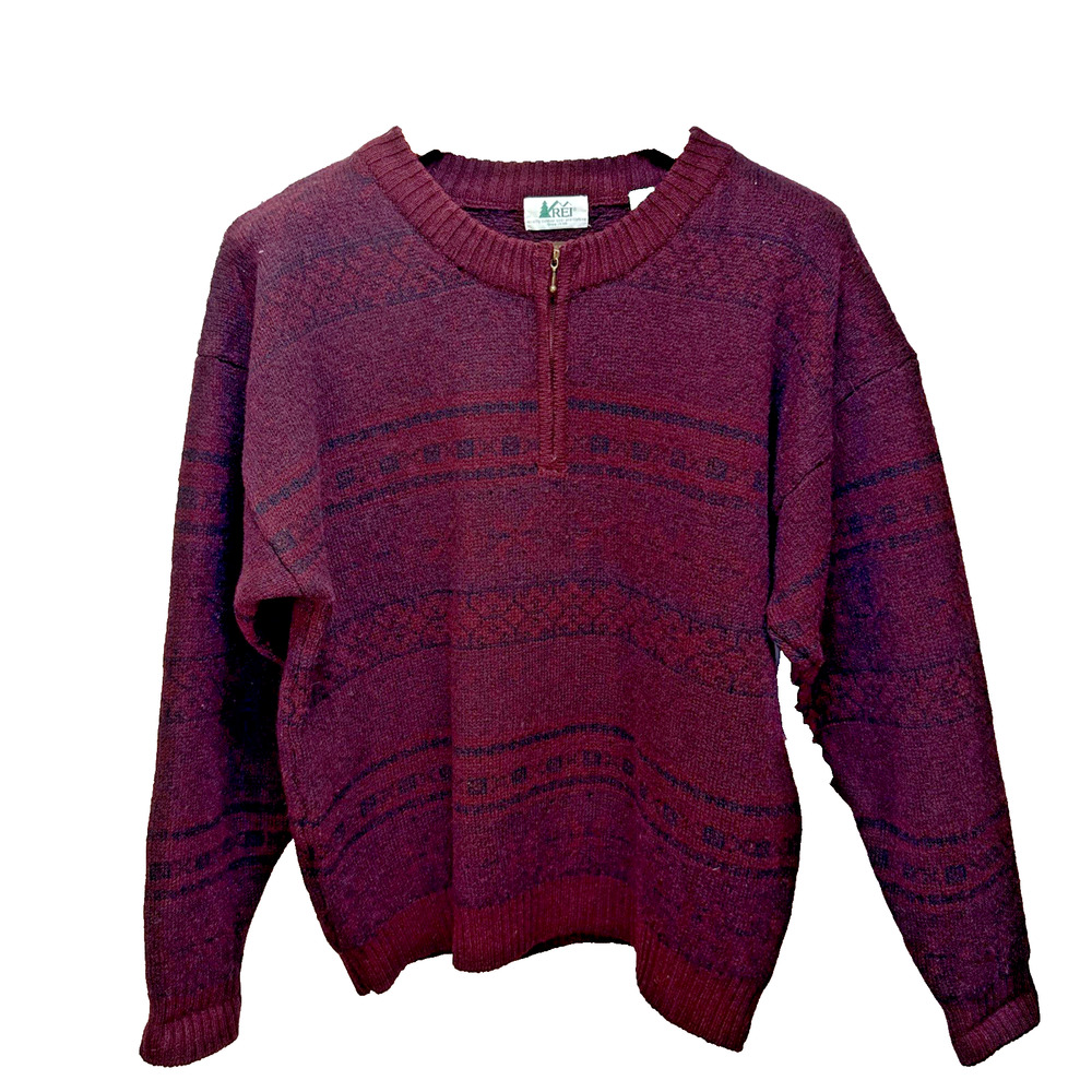 REI Vintage 90s y2k Mens 1/4 Zip Sweater Size XL Maroon Fair Isle Pure Wool